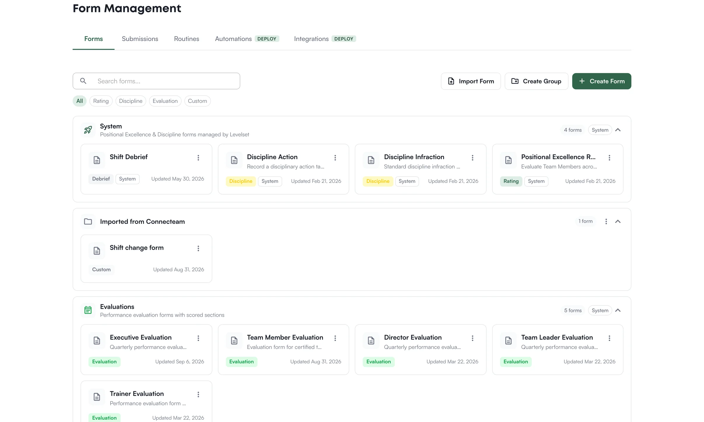 Form management: system forms, imported forms and evaluations
