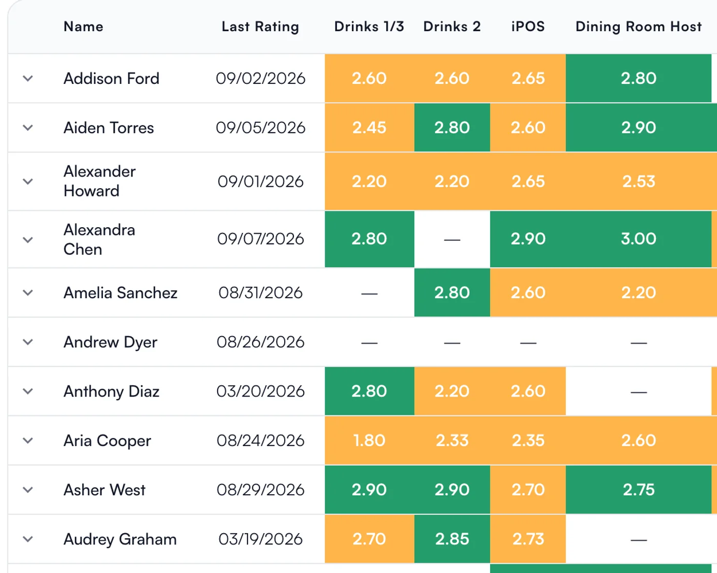 The Positional Excellence grid: a rating per team member per position, colored by readiness