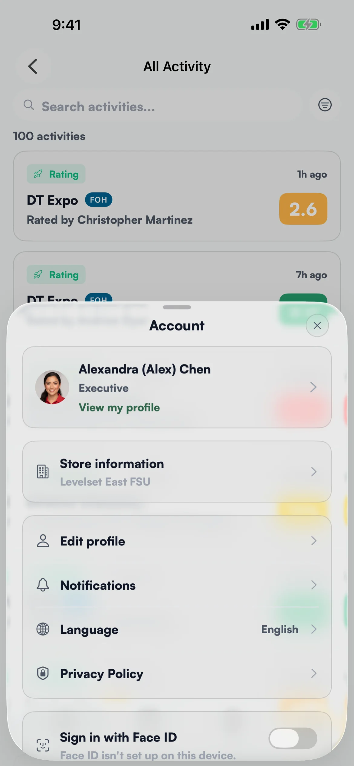 Account: language, notifications and Face ID