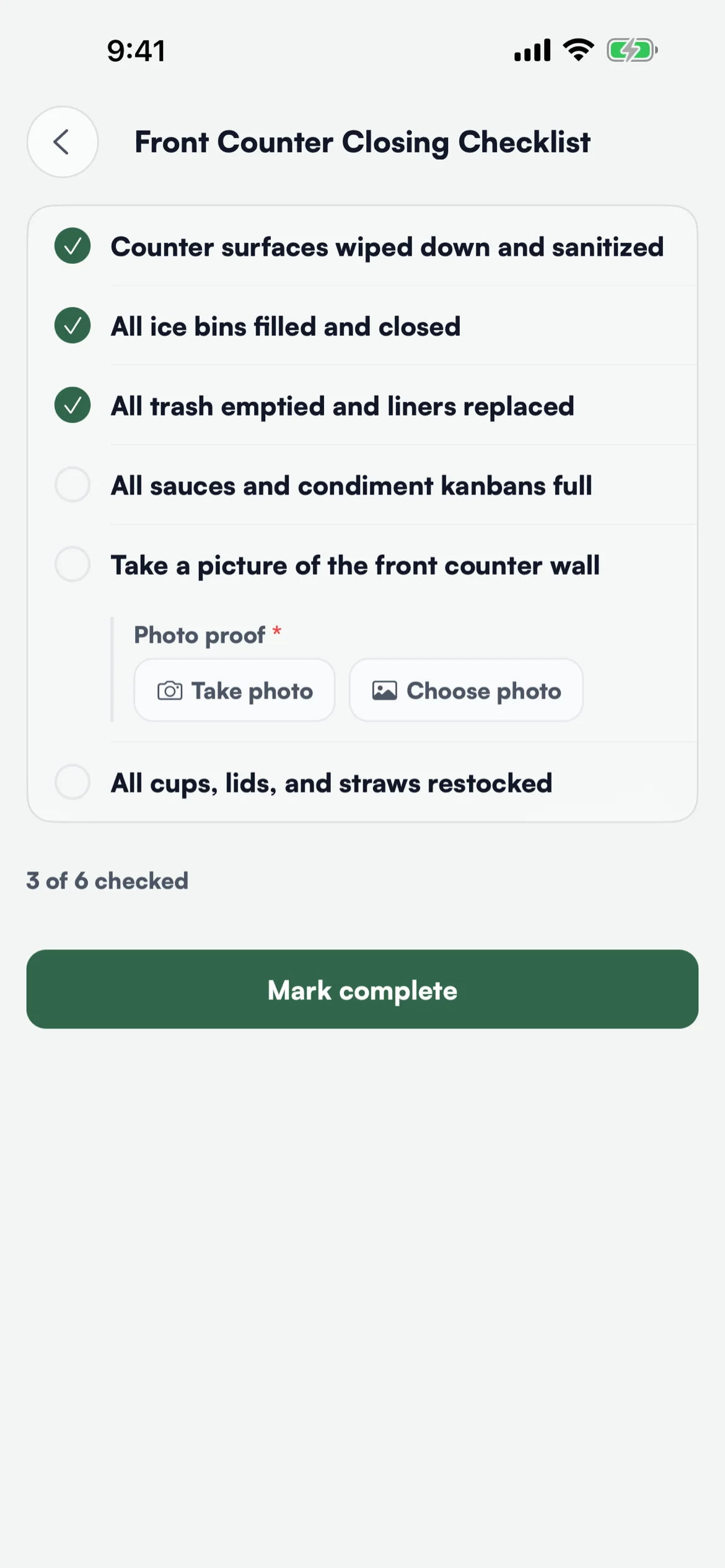 A closing checklist half done, with a photo required on one item