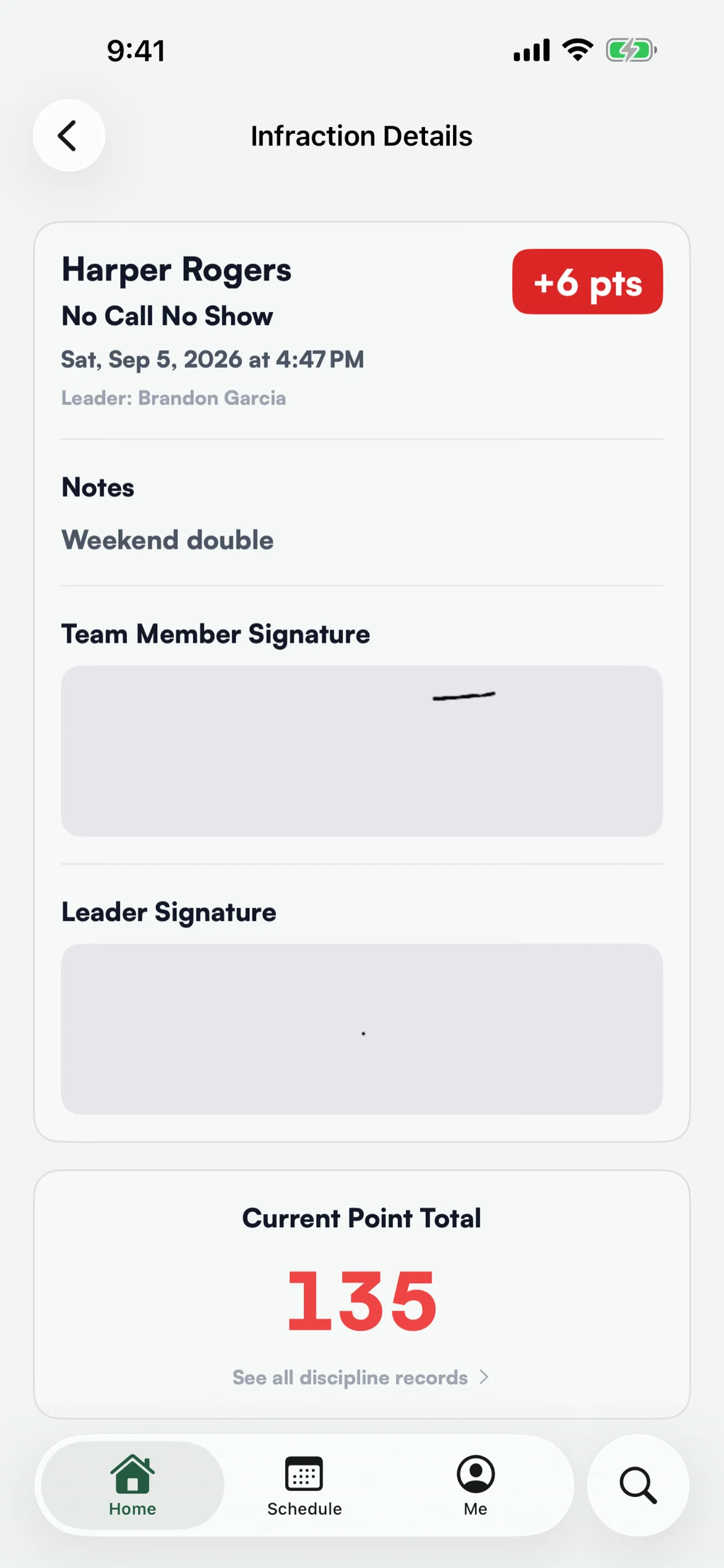An infraction with notes, both signatures and the running total