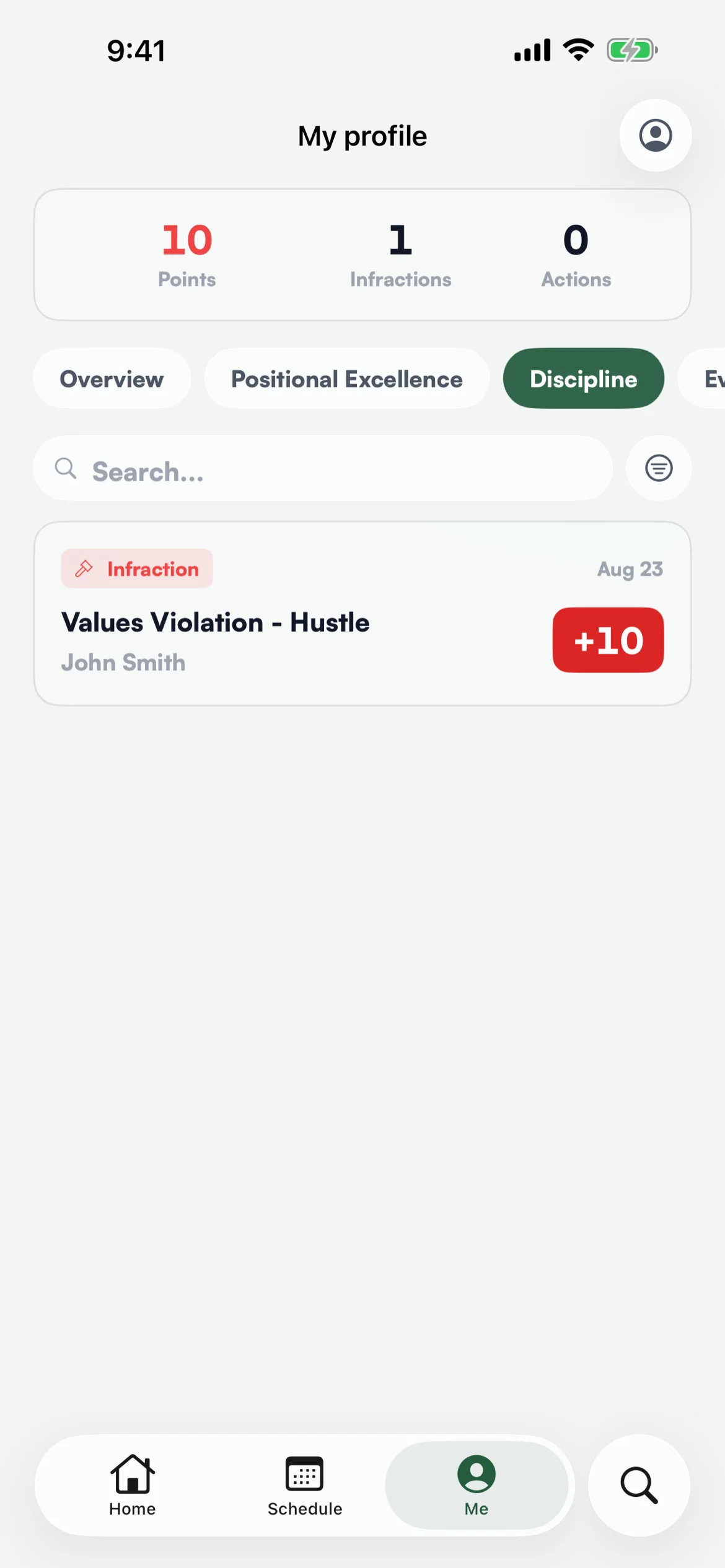 A team member's own discipline tab