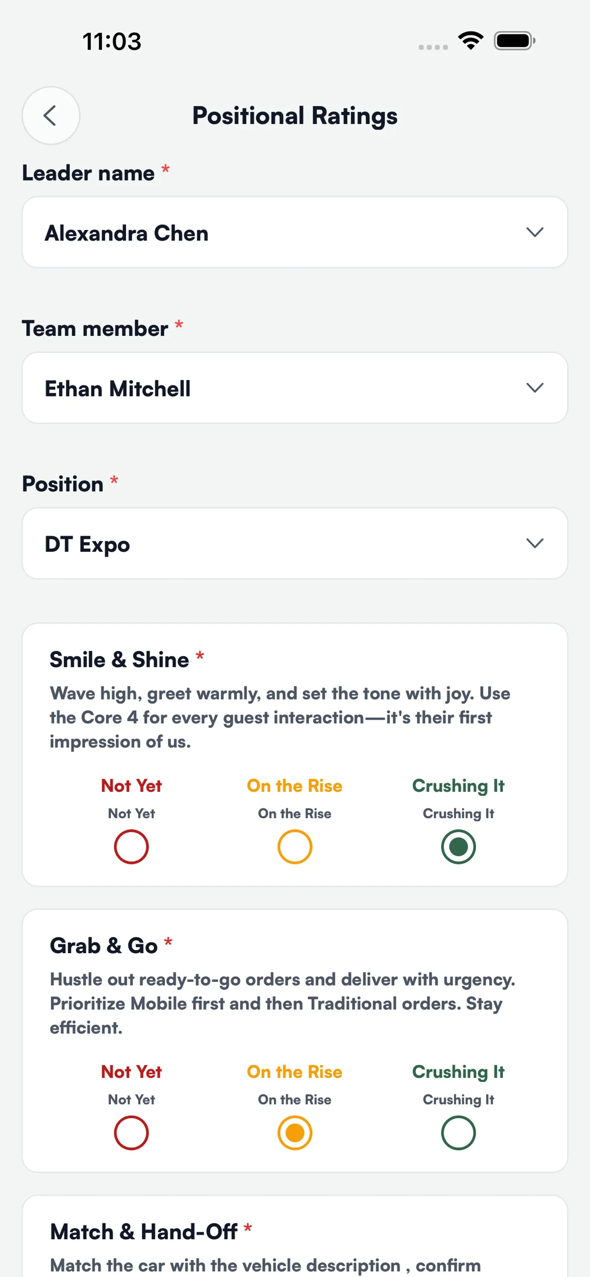 Submitting a rating in the Levelset app: leader, team member, position, then each criterion
