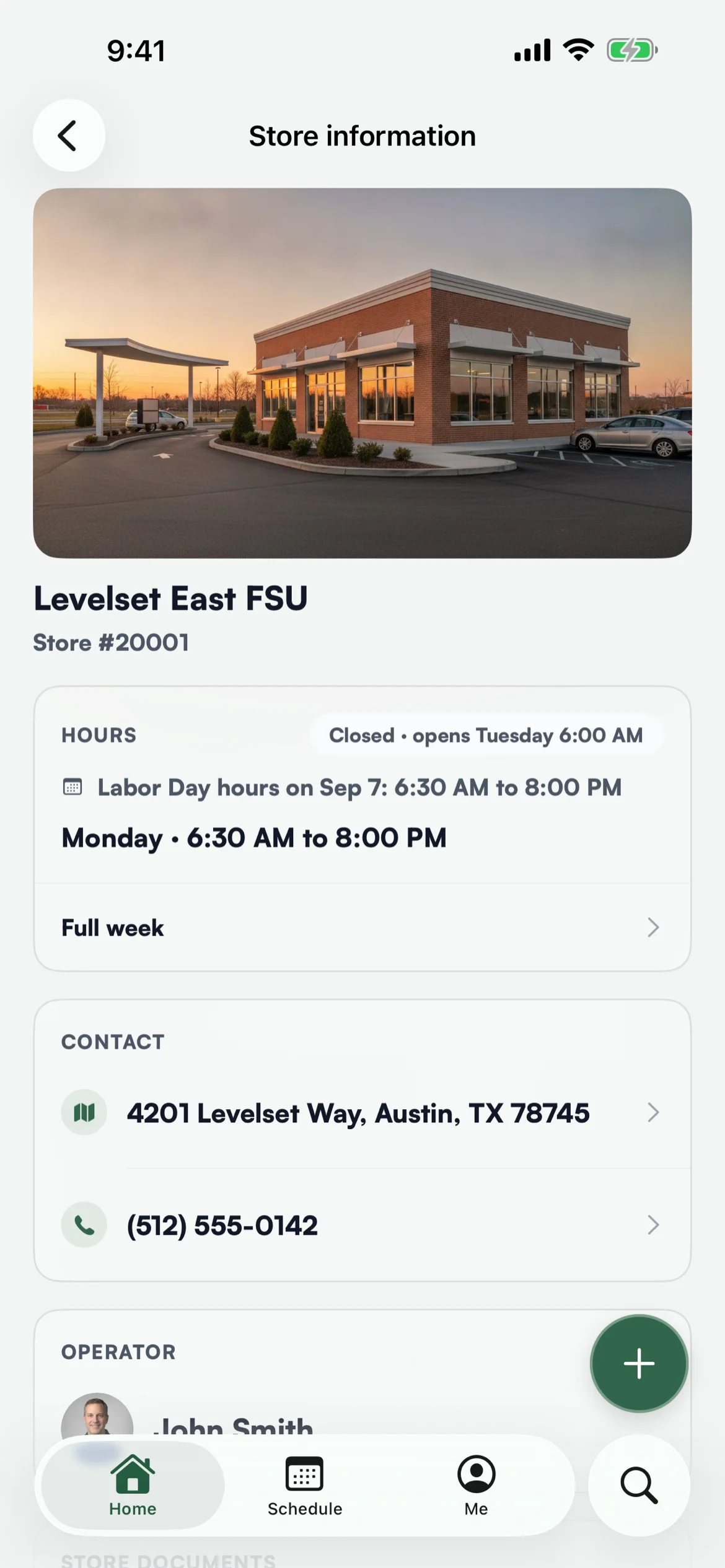 Store information: hours, contact, the operator and documents