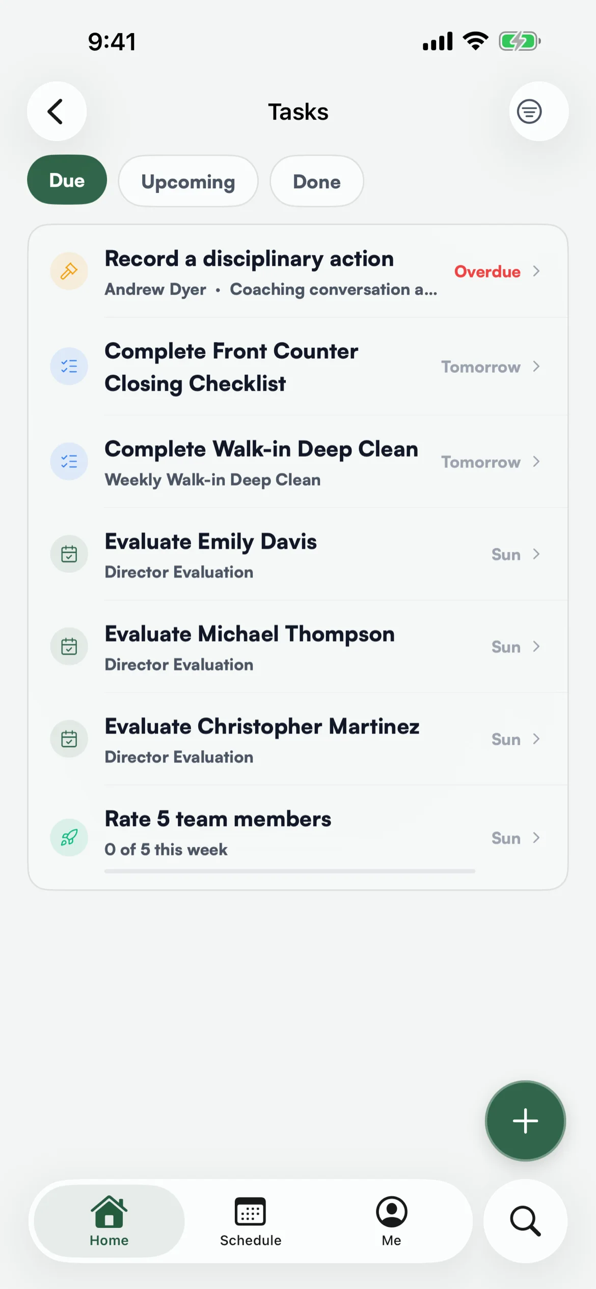 Tasks: due, upcoming and done