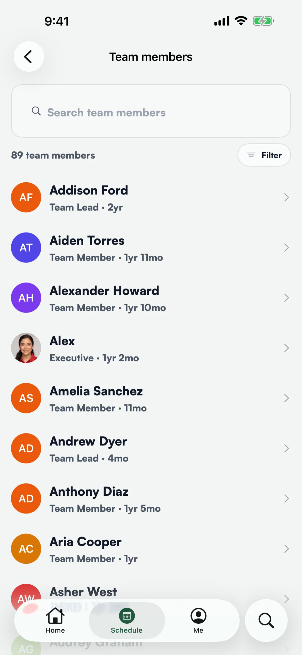 The team members list in the app